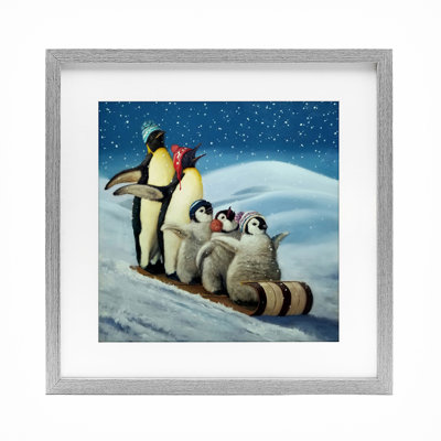 Sleigh Ride Snowy Penguins Framed Print Under Glass, design by Lucia Heffernan