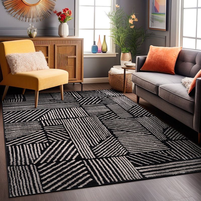 Tapis géométrique noir / ivoire Rambo, Rectangle 6 pi 7 po x 9 pi, Black