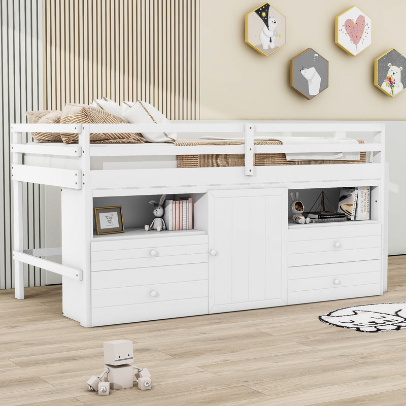 Jeani Kids Bed with Drawers and Shelves, White