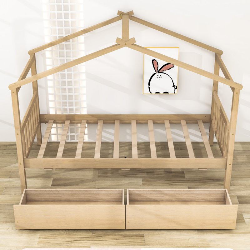 Lit simple en bois avec tiroirs, Naturel