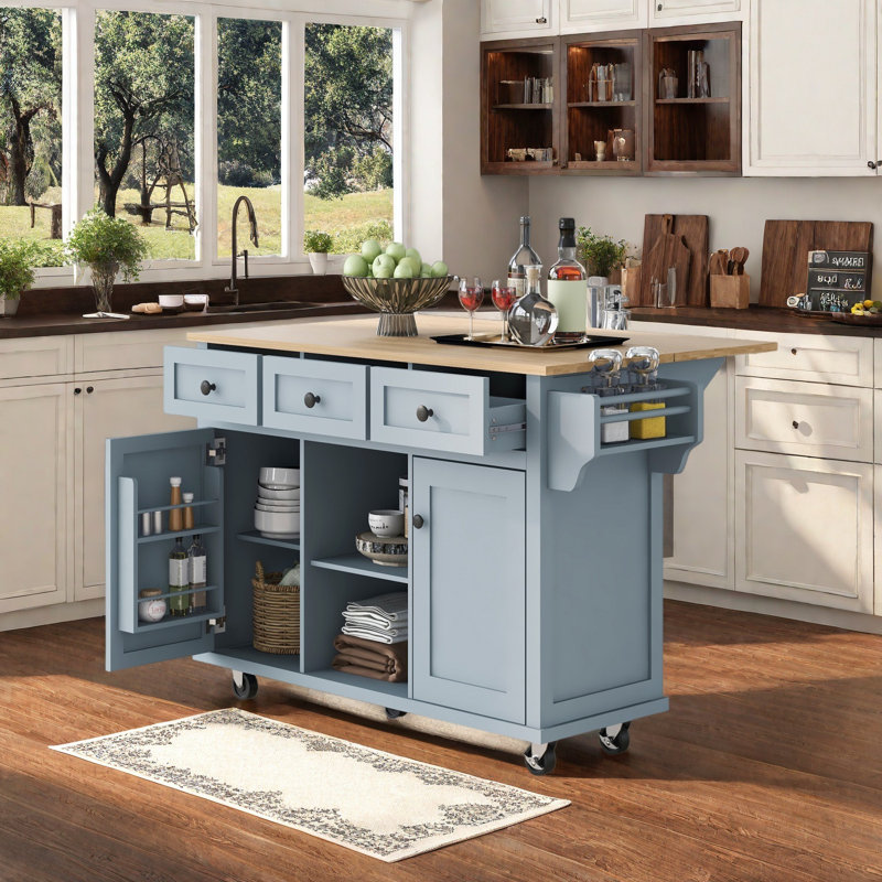 Kitchen Cart with Drop-Leaf Countertop and Internal Storage Racks, Gray Blue