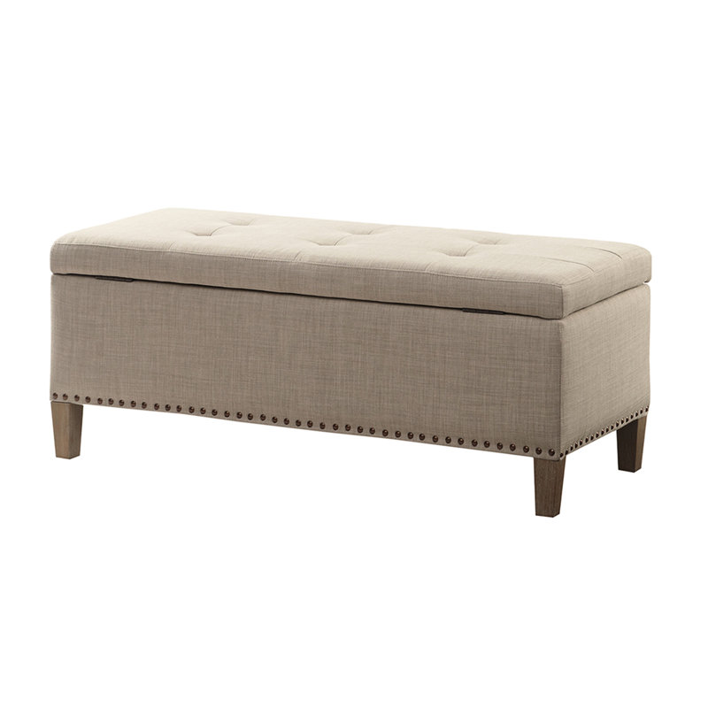 Soft Close Storage Bench With Grey Linen, Interior Storage, Birch Legs Dark Finish, 42" Length X 18" High Modern Top, 42W 18D 18H, Lid, 400 Lbs Weight Capacity