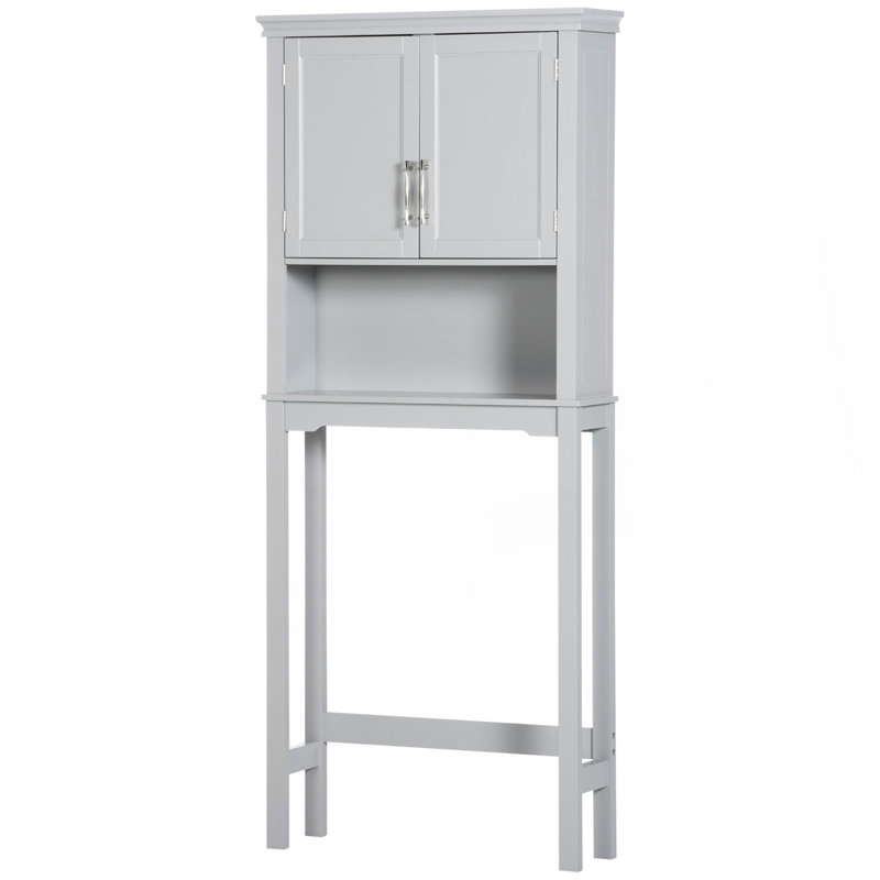 Kleankin Modern Over The Toilet Storage Cabinet, Double Door Bathroom Organizer With Inner Adjustable Shelf And Open Shelf, Grey