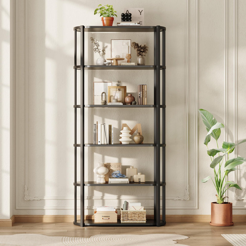 71 Inch Tall Bookshelf, 6 Tier Industrial Bookcase with Heavy Duty Metal Frame, Slim Farmhouse Storage Shelves, Black