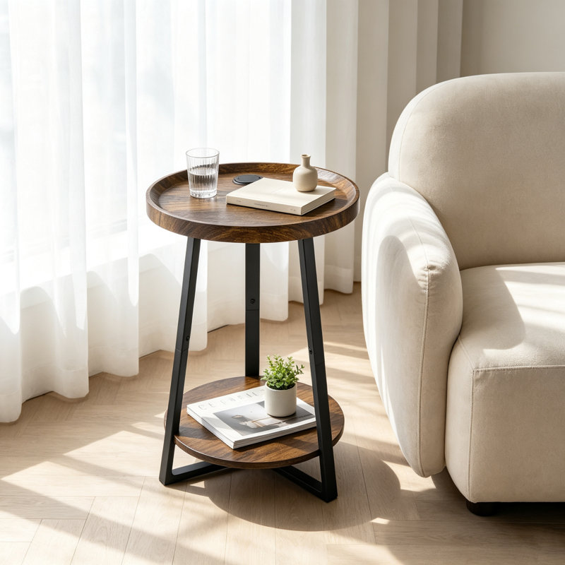 Table d'appoint ronde brune à 2 niveaux avec tablette de rangement ouverte, table de chevet moderne avec ports de chargement USB et CA pour le salon, la chambre à coucher et le bureau