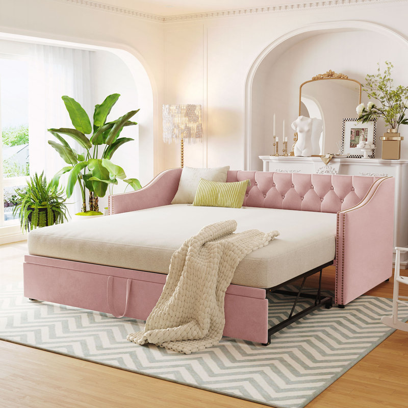Lit de jour simple tapissier avec lit gigogne, Rose