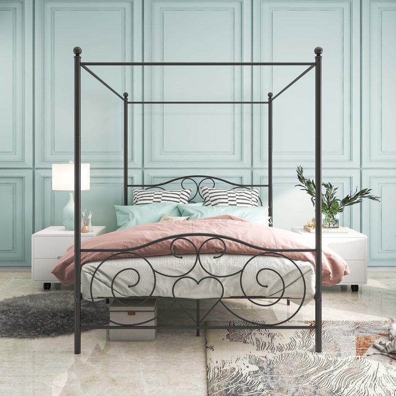 Structure de lit à baldaquin en métal avec tête et pied de lit de style rétro, Black