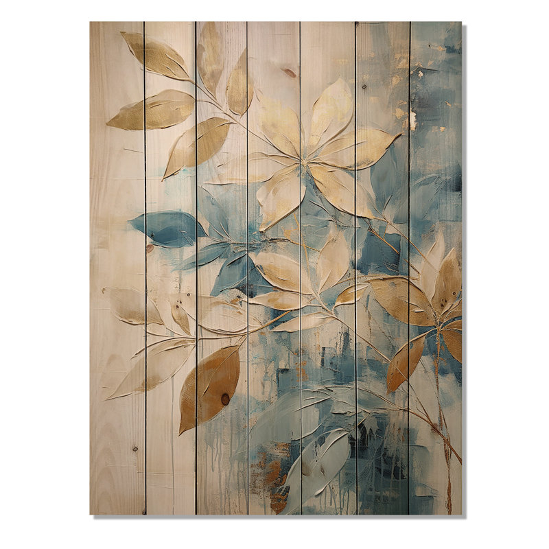 Or et bleu abstrait botanique - art botanique abstrait sur bois de pin naturel, H 32 po x l 24 po