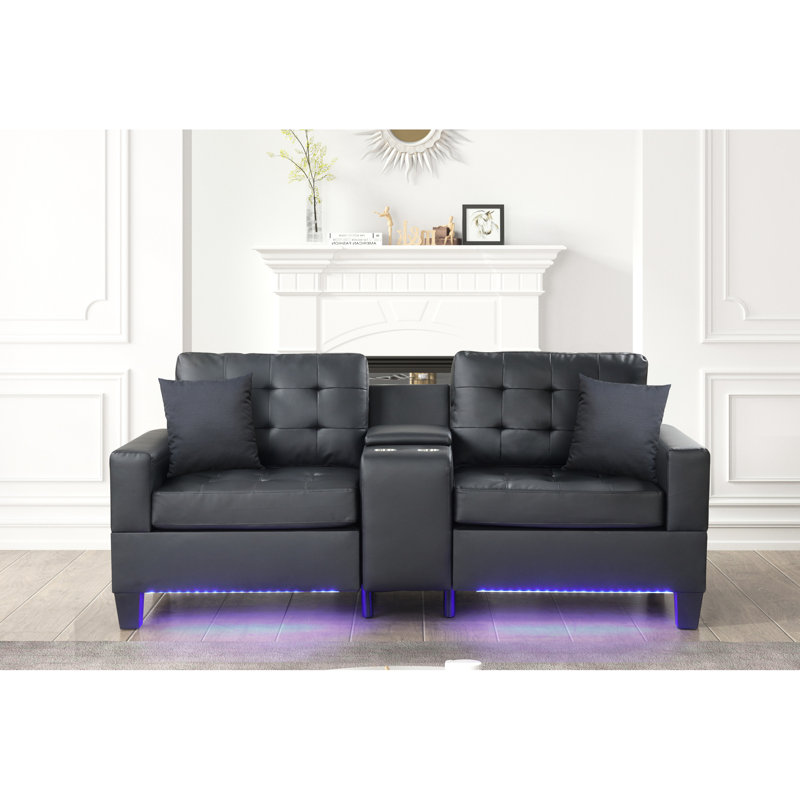 L 85 po noir avec lumières à DEL, chargeurs, console de rangement et coussins exquis à chargement contemporain, porte-gobelets, sièges séduisants
