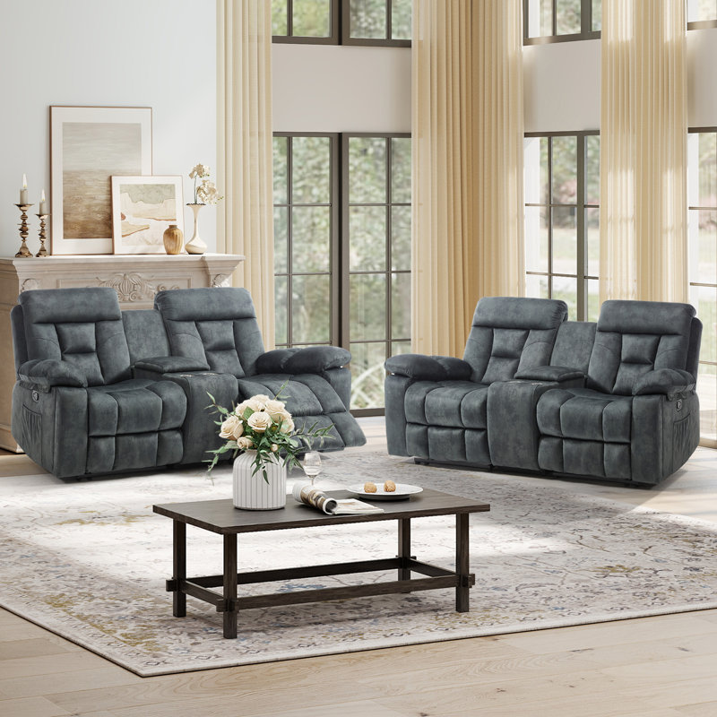 Kyrene 80.7" Wide Modern Manual Reclining Loveseat Sofa With Center Console, Metal Cup Holders & Storage - Plush Fabric Theater Seating (Set Of 2)