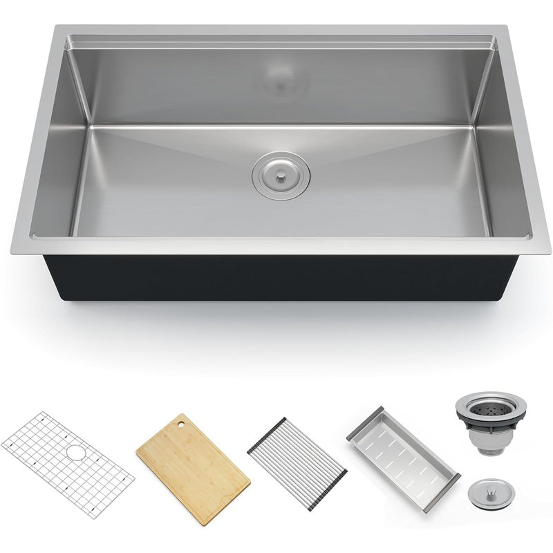 Évier de cuisine encastrable 33 po, cuve simple en acier inoxydable 304 de calibre 16 avec rebord intégré, cuisine moderne