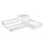 Lit plateforme en L avec lit gigogne et tiroirs reliés par un bureau intégré, simple, blanc