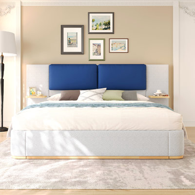 King Size Upholstered Platform Bed with Panel, Platform Bed Frame with Anti-Collision Soft Rounded Corners, Stable and Solid, No Box Spring Needed, Easy Assembly