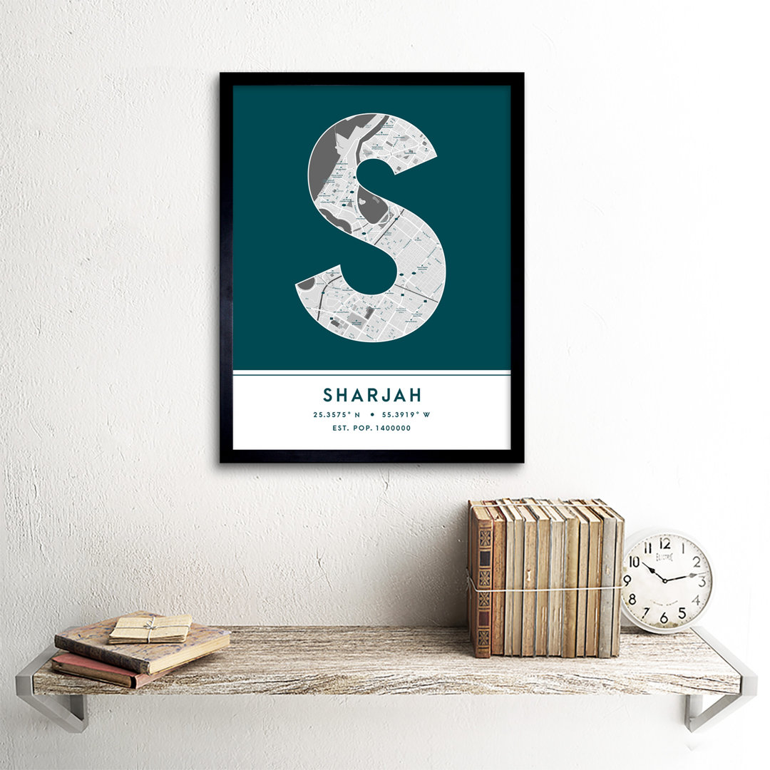 Sharjah City Map Sharjah Teal by Wee Blue Coo - Single Picture Frame Typography