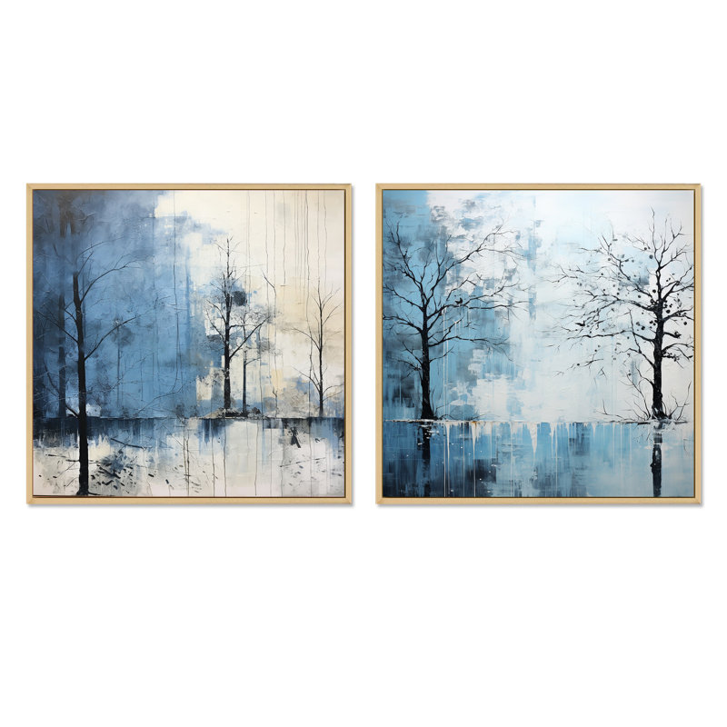 Minimalisme - Charm arbre bleu - ensemble de 2 arbres carrés, Cadre flottant brun, H 16 po x l 33 po