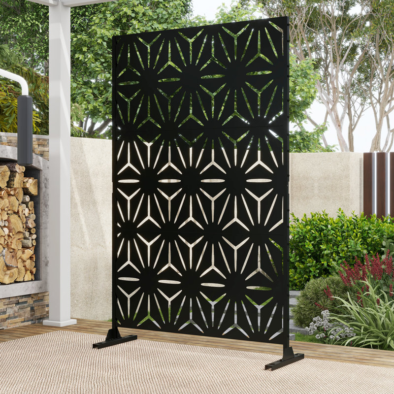 Pacifa Series 6 ft. H x 4 ft. W Leave Pattern Metal Privacy Screen With Wider Feet, Black