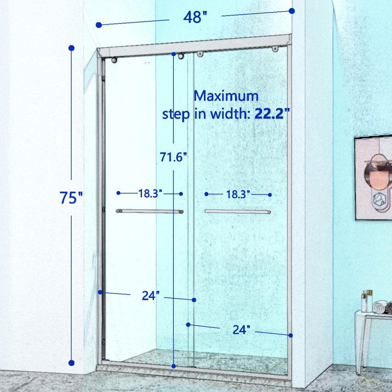 Porte de douche coulissante double l 44 à 48 po x H 75 po, cadre en alliage d'aluminium chromé, verre trempé clair de 5/16 po (8 mm d'épaisseur).