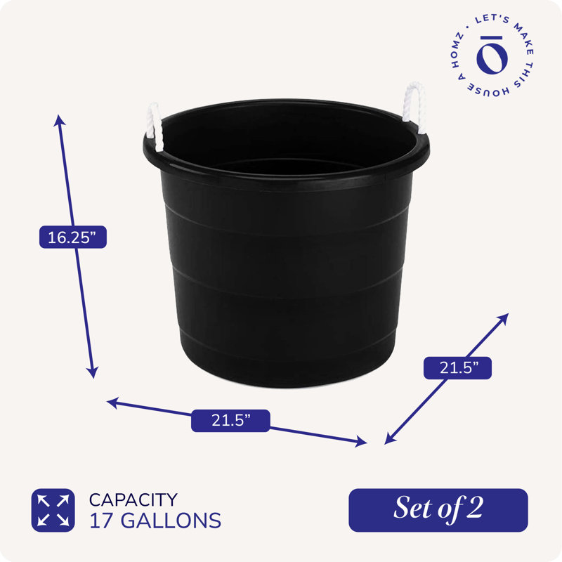 Homz Plastic 17 Gallon Utility Storage Bucket Tub W/Rope Handle, Black