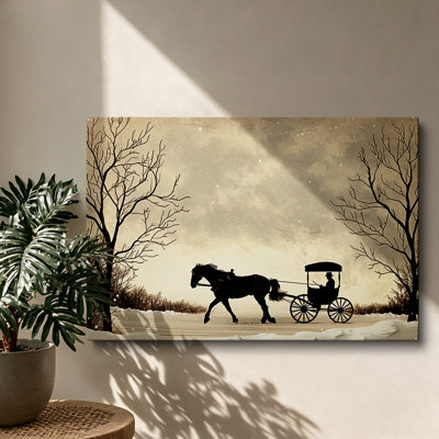 Rustic Horse Drawn Carriage Winter Landscape Canvas Wall Art 16×12 inch - Living Room