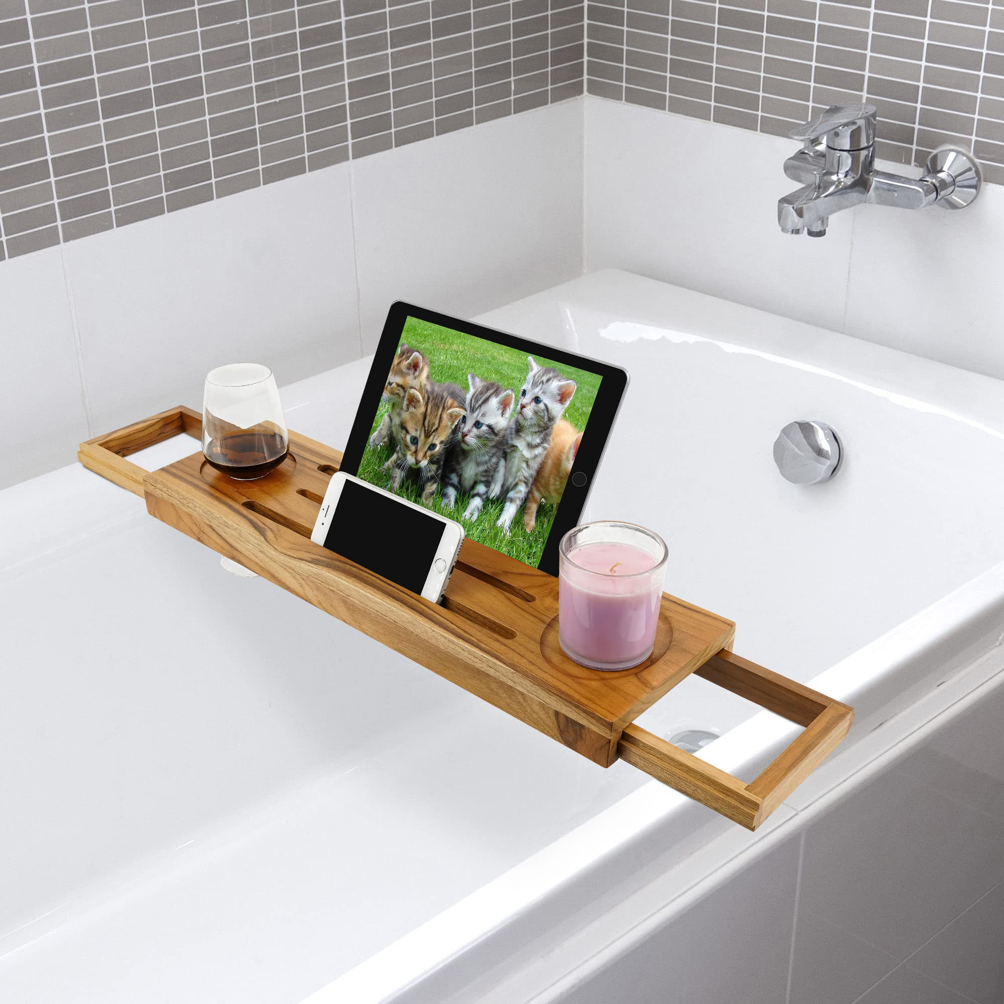 Gardner Bamboo Bathtub Tray - Wood Bath Caddy with Extended Sides for Bath  Accessories