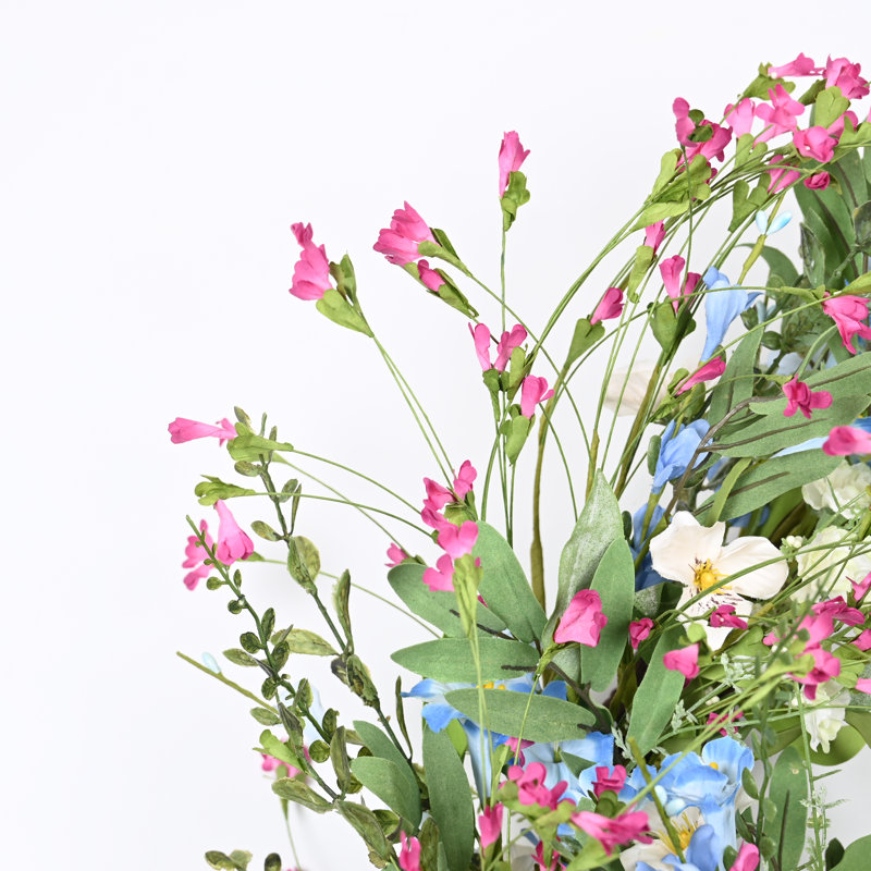 26" Artificial Spring Summer Greenery Foliage Blossoms Cluster Wildflower Floral Wreath For Front Door, Green/Pink