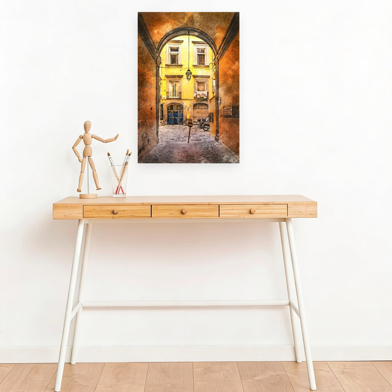 «Vibrant European Courtyard», art mural rétro, 18" H x 12" W