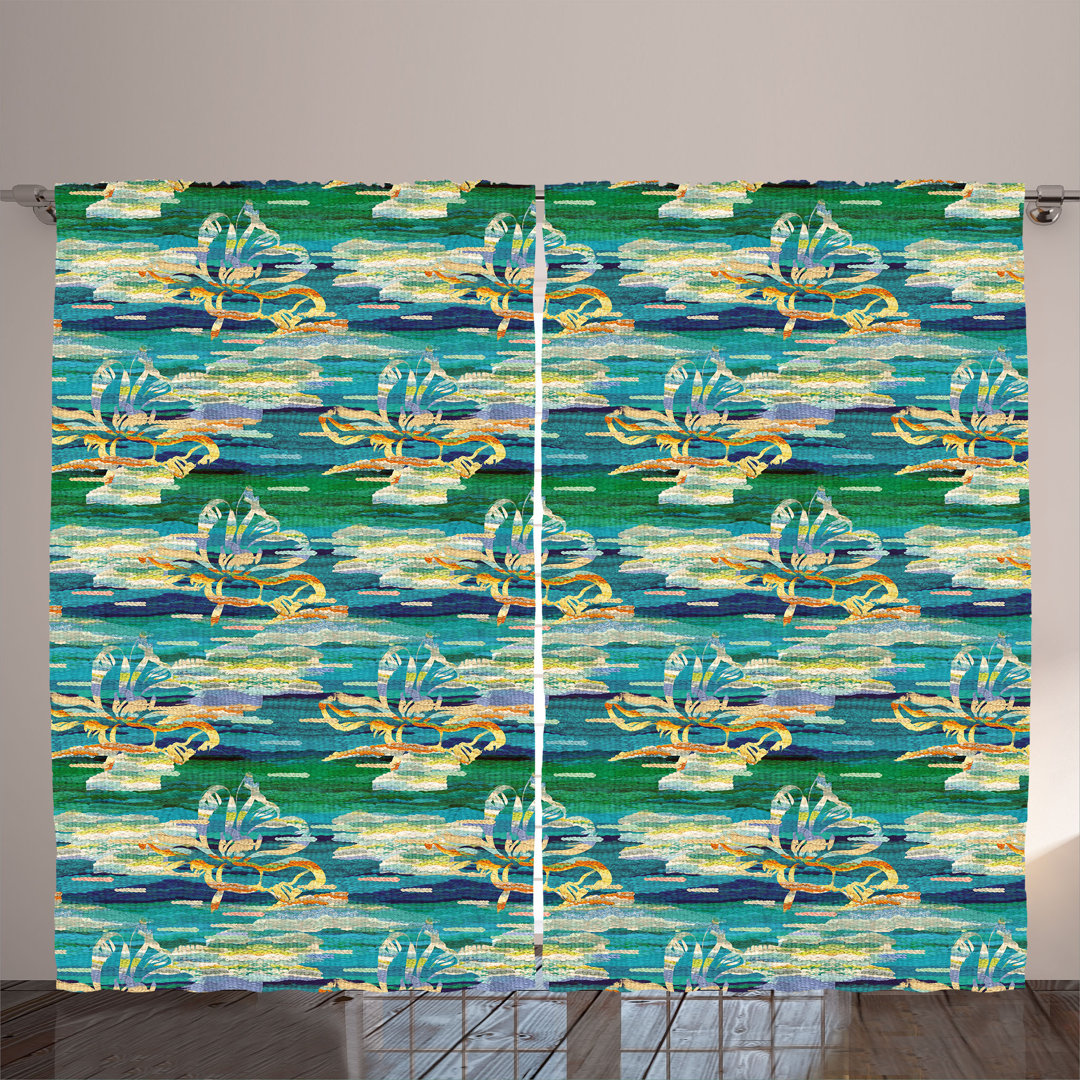 Rustic curtain, botanical flower print, floral design, fern green mustard