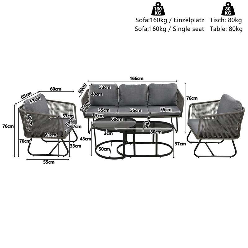 Beige Garden Furniture Set 5 Piece With Glass Table, Grey