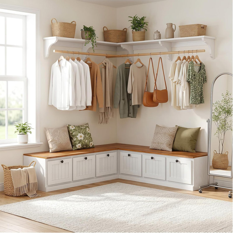 Banc de rangement en forme de L de 160 cm avec espace de rangement dissimulé, banc blanc pour coin repas avec plateau en bois pour salle à manger, cuisine et salon