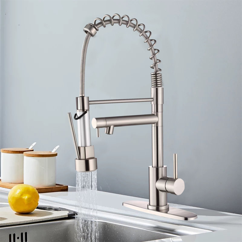 Robinet de cuisine avec douchette rétractable, poignée à ressort à 2 fonctions en acier inoxydable tactile, installation à un trou pour le résidentiel, le commercial, le véhicule récréatif, le bar et plus, nickel brossé