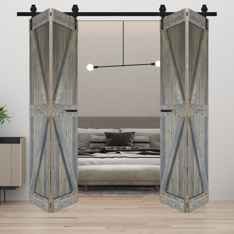 Porte de grange double pliante en bois massif de style K avec ensemble de quincaillerie - Assemblage requis, Tonneau vieilli