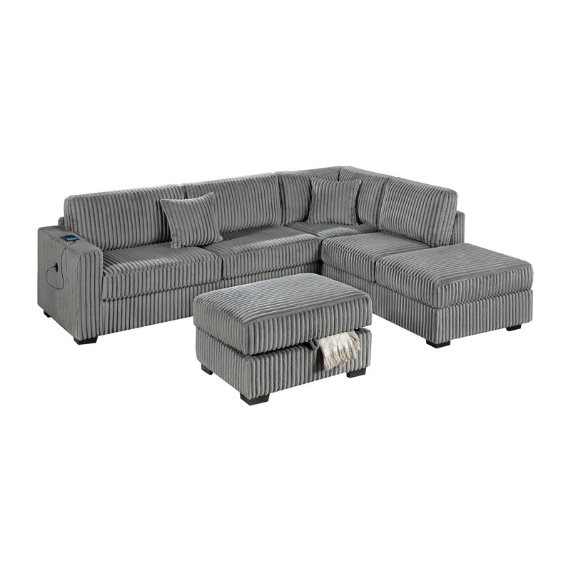 Wide Welt Corduroy Sectional Sofa Reversible Chaise Sofa W Usb Storage Ottoman Upholstered Couch Pillows 3Pc Set, Smoke