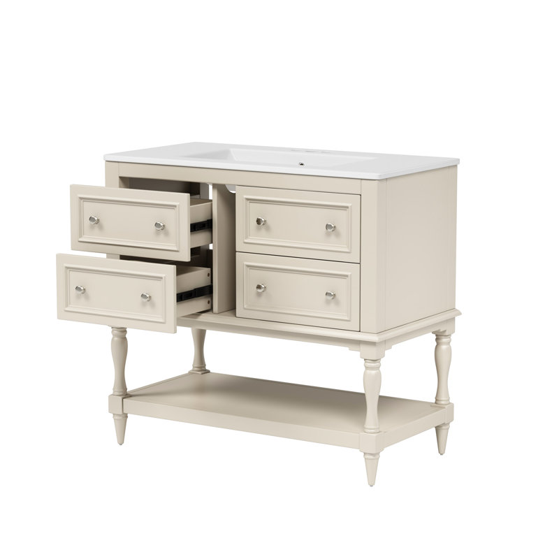 Meuble-lavabo 36 po - Beige. Bois massif, 4 tiroirs de rangement. Lavabo en céramique. Solution fonctionnelle