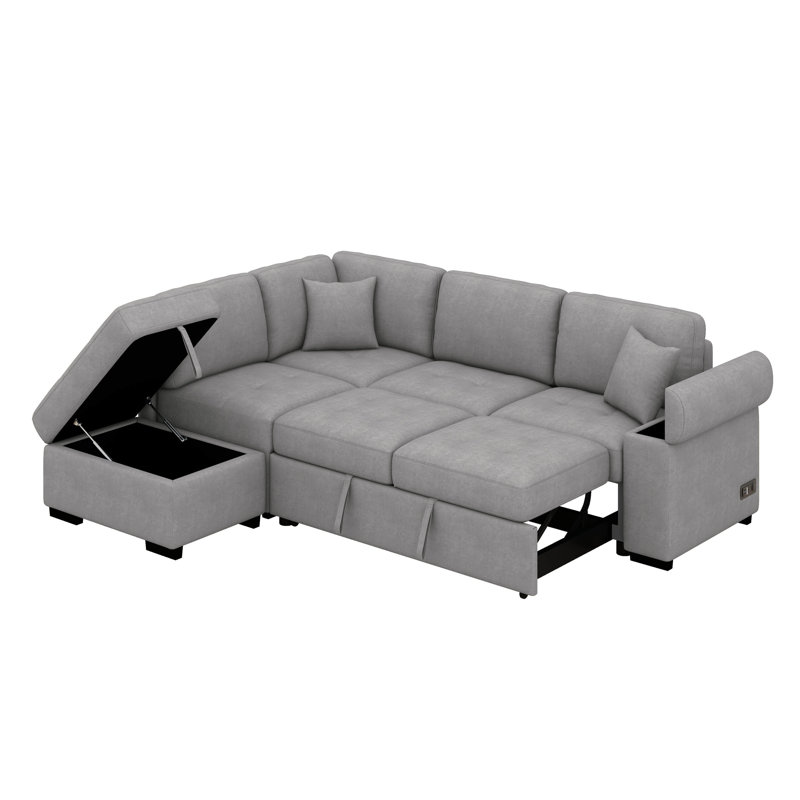 Canapé-lit convertible avec repose-pieds avec rangement, canapé modulaire en L avec bras de rangement et stations de charge, canapé-lit escamotable avec méridienne