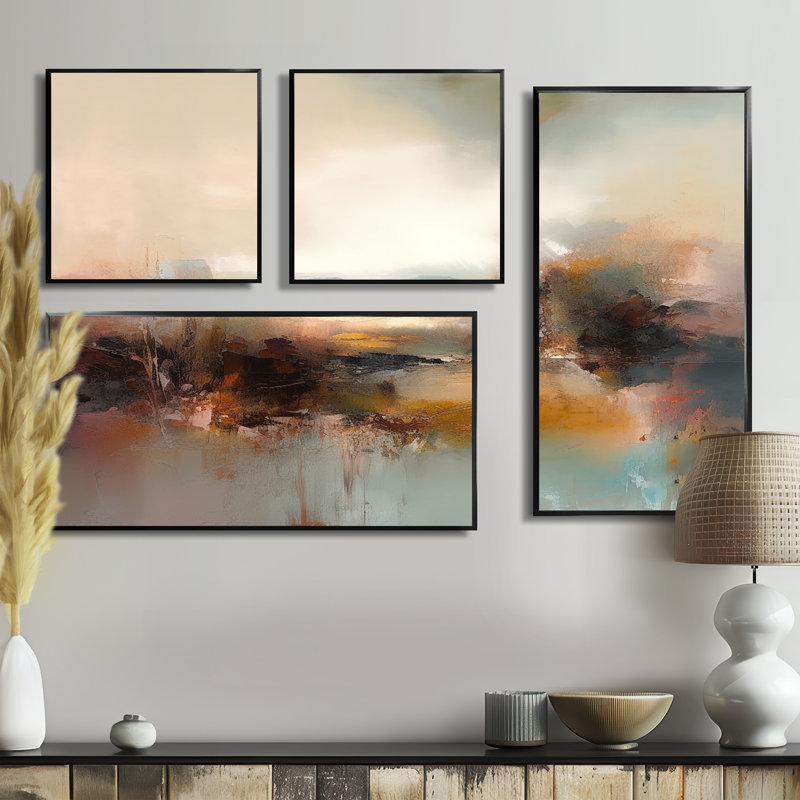 «Brown Abstracted Nature III», art mural abstrait 4 pièces, Impression encadrée sans passe-partout, Noir