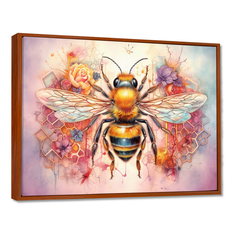 Floral Bee I - impressions sur toile, H 34 po x l 44 po x P 1,5 po, Cadre flottant brun