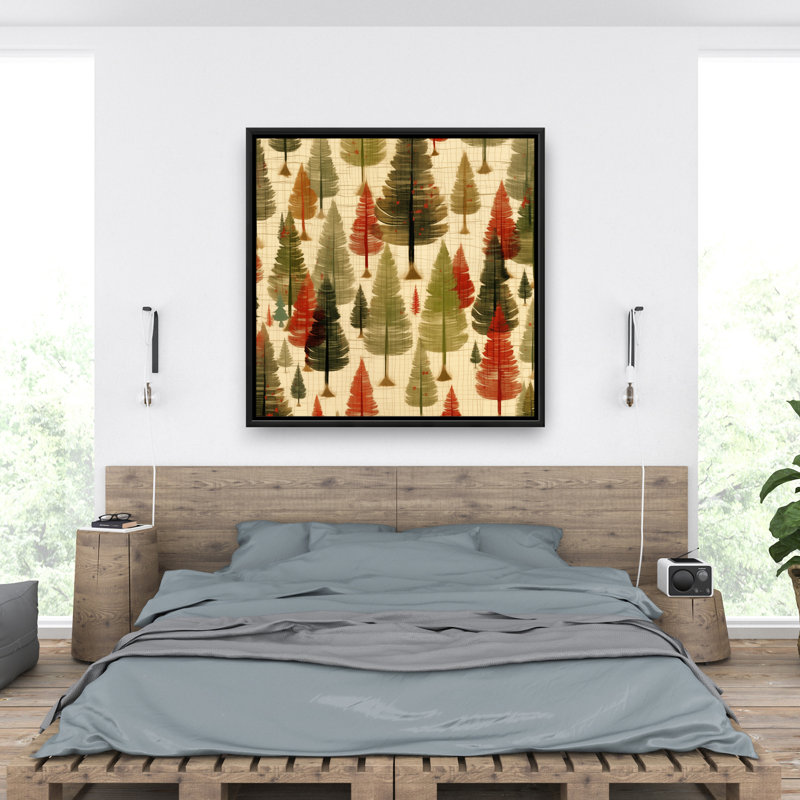 Fir Trees Pattern Red Framed Canvas | Home Decor Accent