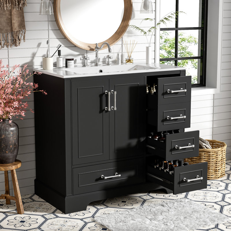 Meuble-lavabo simple 36 po avec lavabo en céramique, Noir, Argent argent
