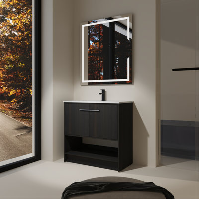 Meuble-lavabo de 36 po avec lavabo en céramique, base en contreplaqué, 2 portes à fermeture douce, armoire autoportante à abat-jour en chêne foncé, fabrication de matériaux, couleur noire