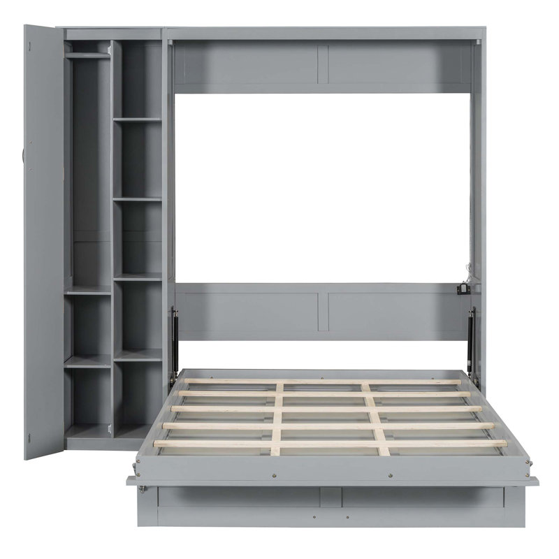Lit escamotable double pleine grandeur avec tablettes, garde-robe et éclairage DEL sous l'armoire, Gris