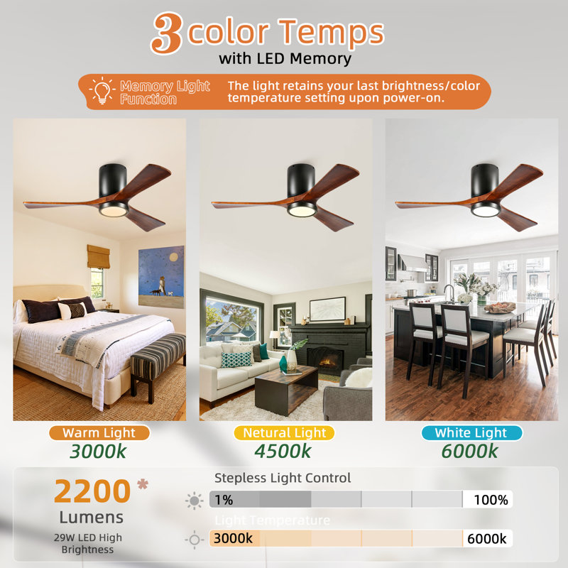 Ventilateur de plafond encastré en bois massif à 3 pales de 42 po avec lumière DEL et télécommande, Noir, Brun