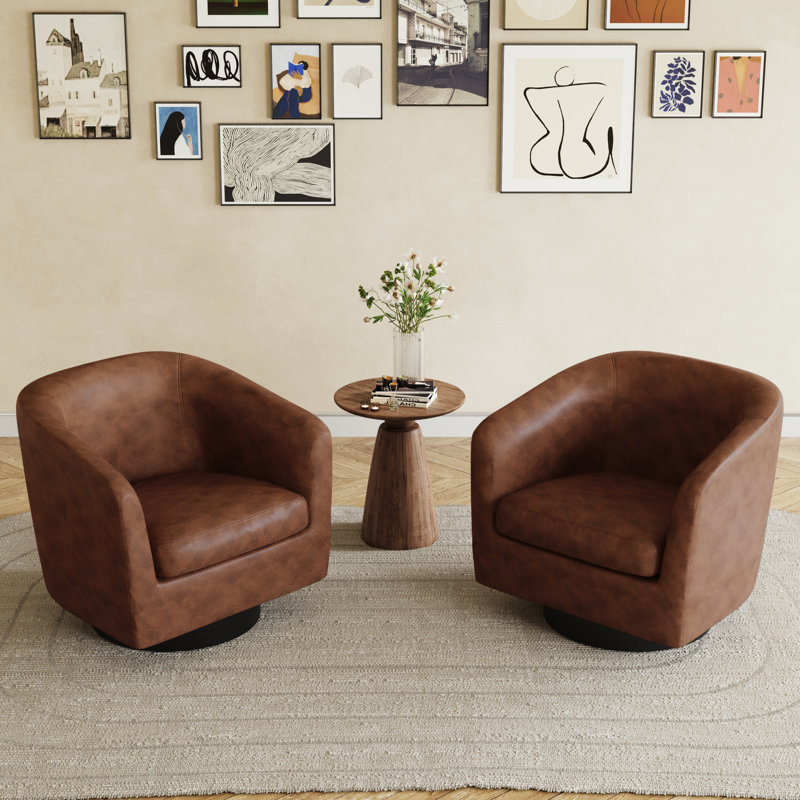 72Cm Wide Swivel Barrel Chair, Coffee Faux Leather/Black