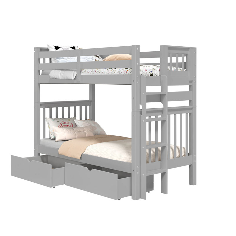 Treva Tall Solid Wood Standard Bunk Beds Twin over Twin, 4 Step Ladder, 2 Under-Bed Drawers, Gray, Gray, Twin over Twin