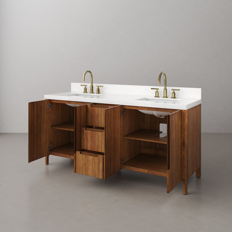 Sequoia 72 In. Double Sink Whitebrook Quartz Countertop Bath Vanity in Mango Wood With Chrome Faucet, Mango Wood, Gold