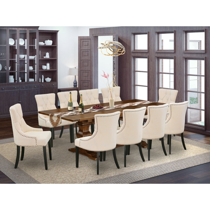 11 Piece Dinette Set Includes a Rectangle Dining Table with Removable Leaf and 10 Light Beige Linen Fabric Parson Dining Chairs, Antique Walnut