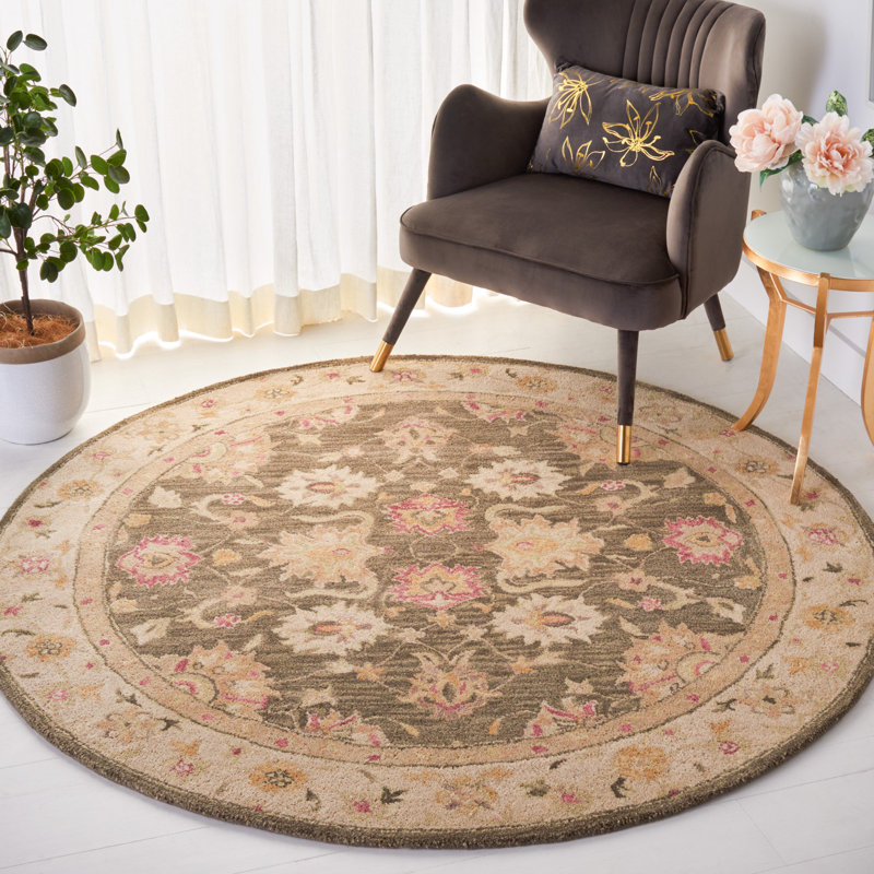 Olive Grey and Beige Handmade Wool Round Area Rug