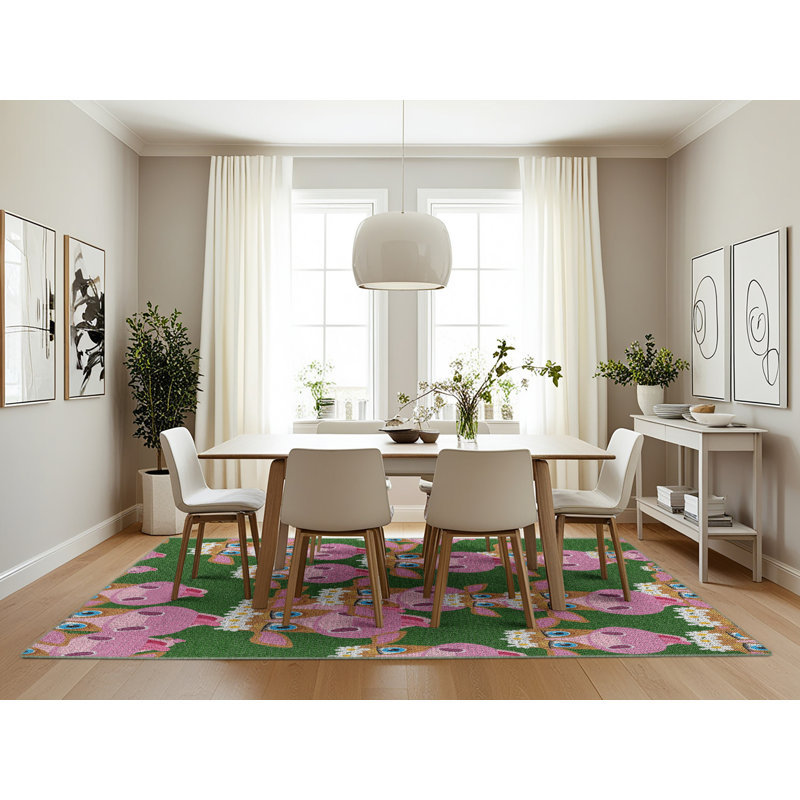 Rose Dahl/Tapis décoratif vert, Rectangle 7 pi x 10 pi