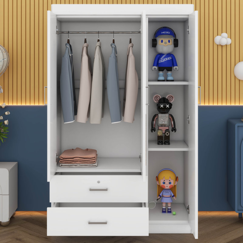 Garde-robe à 3 portes avec tiroirs et tablettes verrouillables, armoire à vêtements avec tringle, White