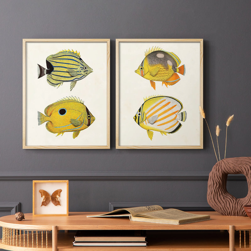 Poisson jaune et gris III - reproduction encadrée de qualité supérieure - prêt à être accroché - aucun clou requis - aucun clou requis