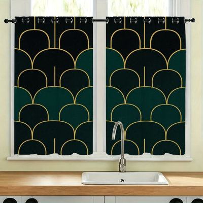 2Pcs Art Deco Pattern Blackout Curtains, Geometric Fan Shaped Goldenen Line Black and Green Thermal Insulated Noise Reducing Room Darkening Window Drapes, Curtain Panels for Living Room Bedroom Home Decor